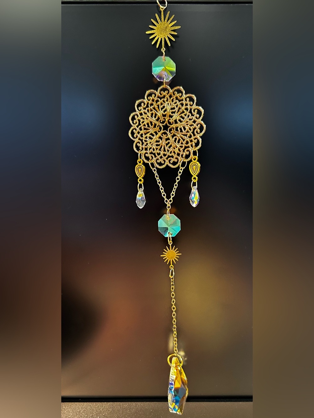 Gold Filigree Sun Catcher with Crystal and Sun Charm